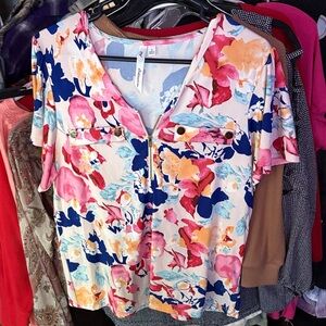 NY Collection Floral V-Neck Blouse - Pink, Blue, Orange